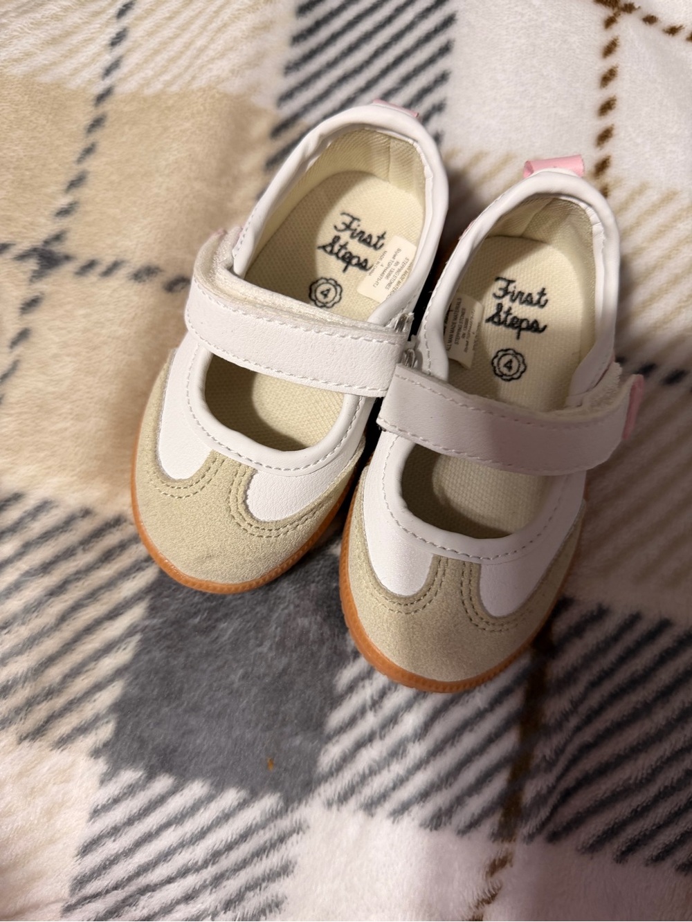 First Steps Beige and White Mary Jane Baby Walker Shoes